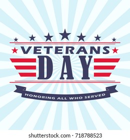 Veterans Day background with stars, ribbon and lettering. Template for Veterans Day. Vector illustration.