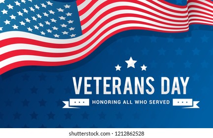 Veterans Day Background Vector illustration, Honoring all who served. Typography with USA flag waving on blue background.