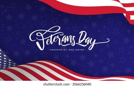 Veterans Day Background Vector Illustration with Wavy USA Flag and Ornamental Stars on Blue Background. USA Memorial Day Background Design: Honoring All Who Served.