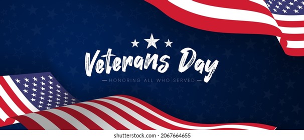 Veterans Day Background Vector Illustration with Wavy USA Flag and Ornamental Stars on Blue Background. USA Memorial Day Background Design: Veteran's Day "Honoring All Who Served"