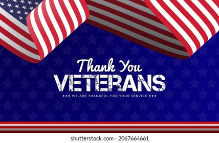 Veterans Day Background Vector Illustration with Wavy USA Flag and Ornamental Stars on Blue Background. USA Memorial Day Background Design: Veteran's Day "Honoring All Who Served"