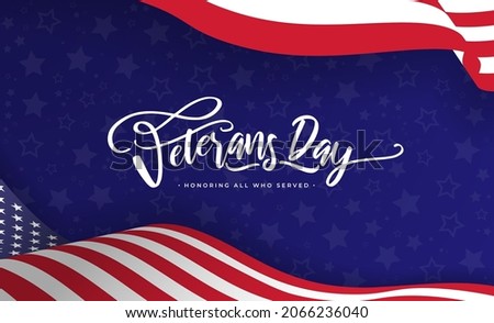 Veterans Day Background Vector Illustration with Wavy USA Flag and Ornamental Stars on Blue Background. USA Memorial Day Background Design: Honoring All Who Served.