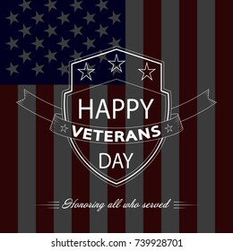 Veterans Day background with white shield and lettering. Vector illustration.