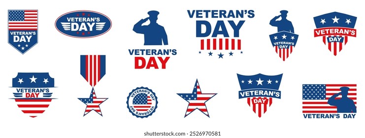 Veterans day badge collection. Veterans day tags. Set of USA army sticker