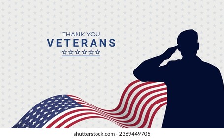 Veterans Day Banner with American Wave Flag and army salute silhouette vector.