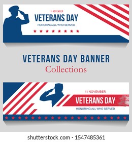 Veterans Day Banner Collections With American Flag And Soldier Salute Silhouette Background