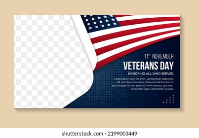 Veterans day banner design template. Honoring all who served. November 11. transparency halftone dot pattern in dark blue gradient color. Horizontal layout with space for photo and text. american flag