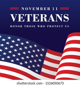 Veterans Day Banner, Flying American flag. Vector