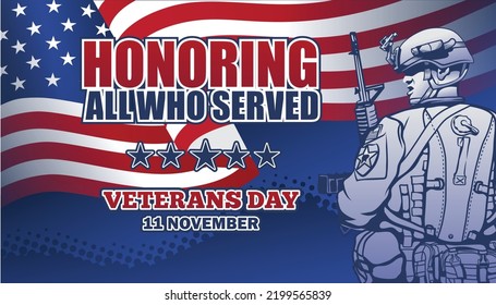 Veterans Day Banner with Full Uniform American Soldier Drawing