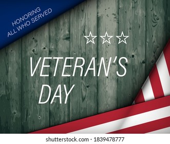 Veterans day banner. Honoring all who served. November 11. National USA flag color 