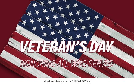 Veterans day banner. Honoring all who served. November 11. National USA flag color 