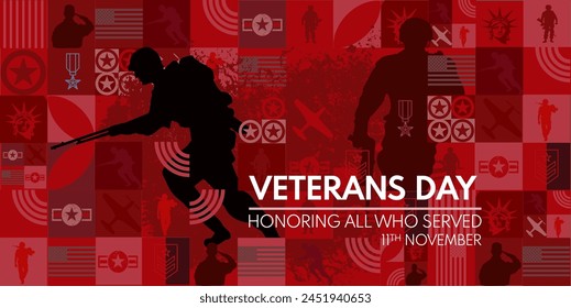 Veterans day, banner, illustration, poster, soldier silhouette. Honoring all who served	