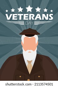 Veterans Day Banner. An Old Military Man In Uniform. Cartoon Style, Vector Illustration.