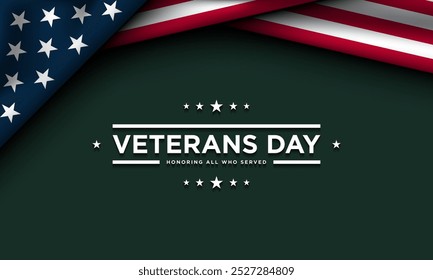 Veterans Day banner or poster design with waving American flag illustration on green background. Vector Illustration.