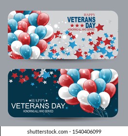 Veterans Day banner or rounded corners cards set. Honoring all who served. American flag cover. USA National holiday design concept. A bunch of blue and red balloons and falling celebration confetti.