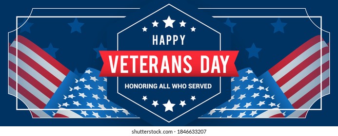 Veterans Day Banner Vector Illustration, Honoring All Who Served. US Flag Waving In Vintage Frame