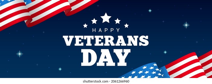 Veterans Day Banner Vector illustration. USA flag waving on twinkle blue background.