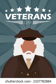 Veterans day banner. Veteran in military uniform. Cartoon style, vector illustration.
