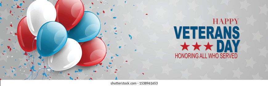 Veterans Day banner or website header. Honoring all who served. USA National holiday design concept. A bunch of blue and red balloons. Vector illustration.
