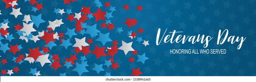Veterans Day banner or website header. Honoring all who served. USA National holiday design concept. American flag colors red and blue stars. Vector illustration.