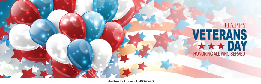 Veterans Day banner or website header. Honoring all who served. American flag cover. USA National holiday design concept. A bunch of blue and red balloons and falling celebration confetti.