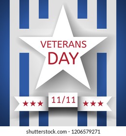 Veterans Day banner with a white star and a ribbon with the date November 11 on the background with blue and white stripes. Eps10 vector.