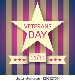 Veterans Day banner with a white star and a ribbon with the date November 11 on the background with magenta and white stripes. Eps10 vector.