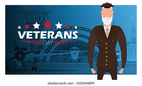 Veterans day banner with a wished man in uniform. Vector.