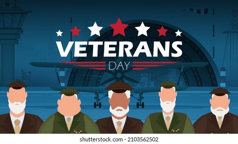 Veterans day banner with a wished man in uniform. Cartoon style.