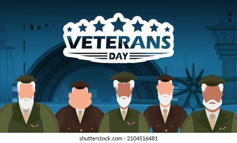 Veterans day banner with a wished man in uniform. Cartoon style.
