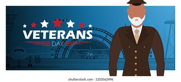 Veterans day banner with the wished military. Cartoon style.