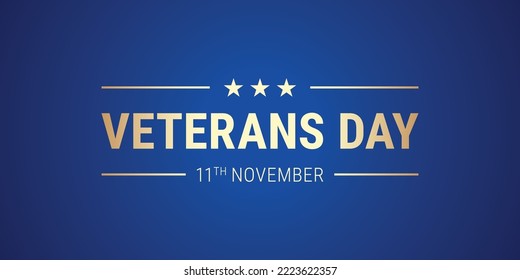 Veterans Day blue greeting card vector design with memorial golden text.