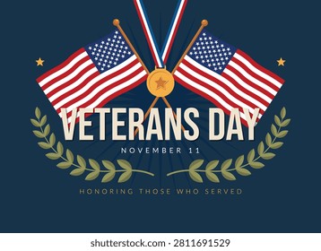 Veterans day celebration with american flags and medals on navy blue background