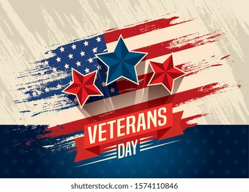 veterans day celebration with flag and stars vector illustration design