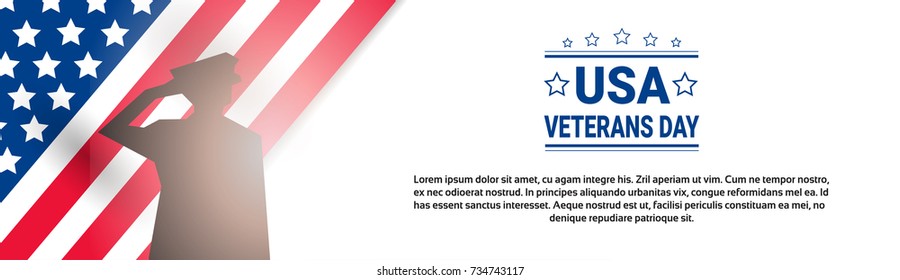 Veterans Day Celebration National American Holiday Banner With Soldier Silhouette Over Usa Flag Background Vector Illustration