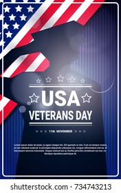 Veterans Day Celebration National American Holiday Banner With Soldier Silhouette Over Usa Flag Background Vector Illustration