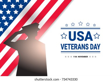 Veterans Day Celebration National American Holiday Banner With Soldier Silhouette Over Usa Flag Background Vector Illustration