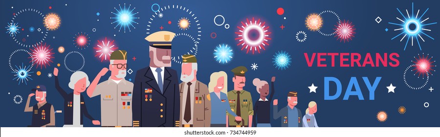 Veterans Day Celebration National American Holiday Banner With Group Of Retired Military People Vector Illustration