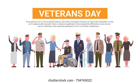 Veterans Day Celebration National American Holiday Banner With Group Of Retired Military People Vector Illustration