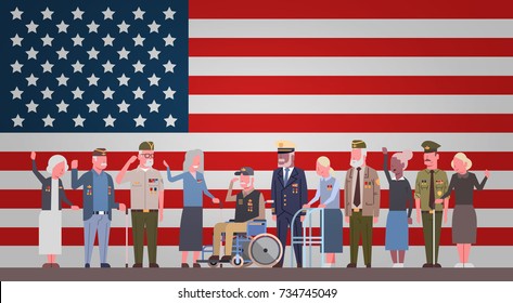 Veterans Day Celebration National American Holiday Banner With Group Of Retired Military People Over Usa Flag Background Vector Illustration