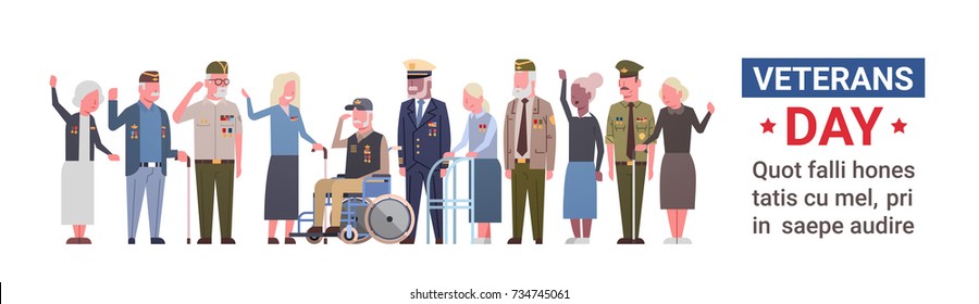 Veterans Day Celebration National American Holiday Banner With Group Of Retired Military People Vector Illustration