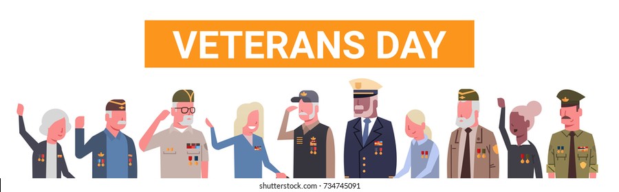 Veterans Day Celebration National American Holiday Banner With Group Of Retired Military People Vector Illustration