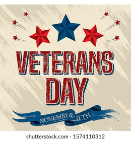 veterans day celebration with stars and ribbon vector illustration design