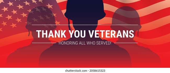 Veterans day cinematic vector background, with WW2 soldier shadows and waving USA flag. Patriotic American army banner with THANK YOU VETERANS message.