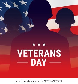 Veterans day cinematic vector greeting card, with WW2 soldier shadows and waving USA flag. Patriotic American army background with memorial message.