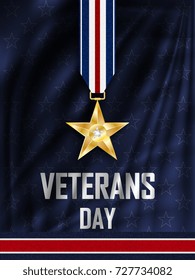 Veteran's Day. Congratulations on the veteran's day in the United states of America. Golden star on the ribbon. Wavy fabric with stars.  Vector illustration.