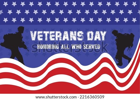 Veterans day copy space.Honoring all who served. Letter V logo with USA flag and soldiers as a symbol of veterans.flag USA design for memorial day background.11th November Happy Veterans Day.
