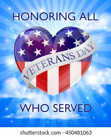 A Veterans Day design of a heart and American Flag with a sky background