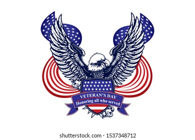 Veterans day eagle emblem. American symbol of freedom. Retro color logo of falcon. Eagle detailed logo. Veterans day background.