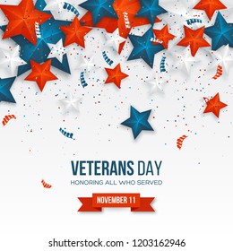 Veterans Day greeting card. 3d stars in national colors with serpentine and confetti. American holiday background. Vector illustration.